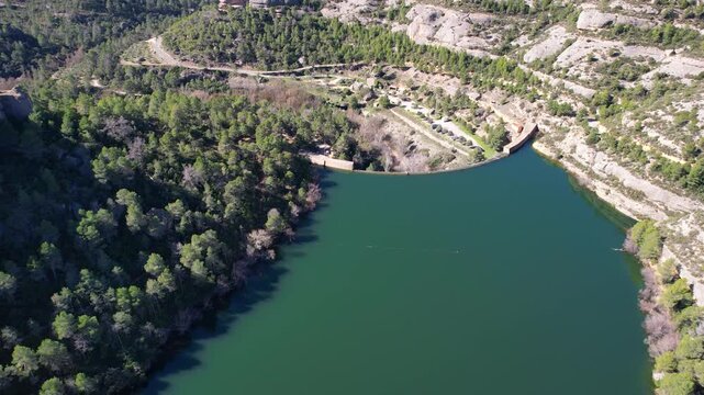 Aerial footage of Margalef reservoir and dam. Tarragona Province, Spain.