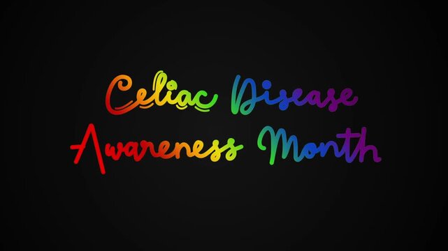 celiac disease awareness month One line continuous animated typography intro outro animation video, hand drawn calligraphy lettering monoline vintage text line art rainbow type on black background bg 