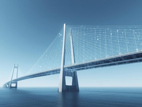 Cable-stayed bridge overlaid with glowing digital wireframe and sensor data points against clear blue sky. Smart infrastructure monitoring and engineering technology concept 2026.