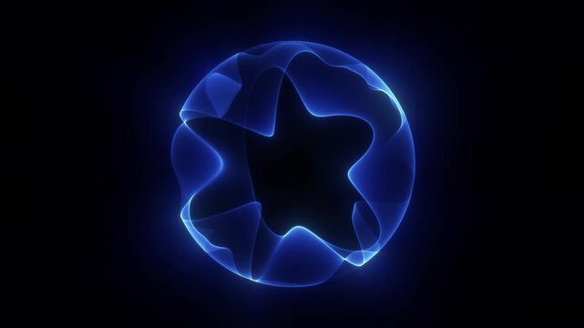 Abstract blue wave shell forming hollow glowing sphere on black background. Transparent mesh ribbons with fluid light distortion and neon plasma glow.