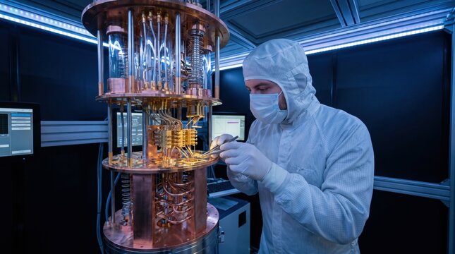 Scientist in a cleanroom suit working on a complex golden quantum computer chandelier