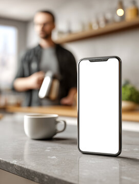 Smartphone mockup with a blank white screen on a kitchen counter. A man making coffee in the blurred background. Ideal for mobile app marketing, lifestyle, and food delivery themes
