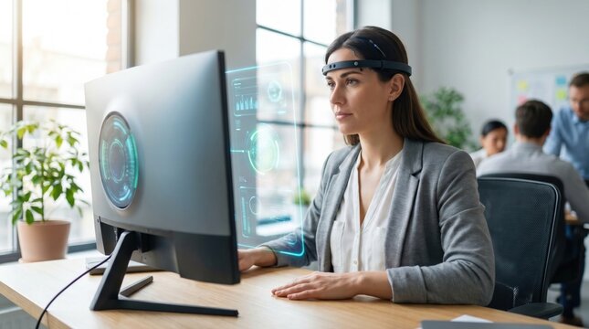 Focused female professional working at a monitor using a brain computer interface headband for neural control