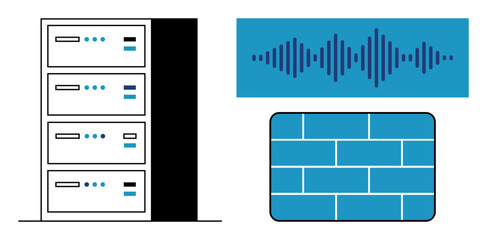 Data storage concept. Server racks, soundwave , and a network firewall secure data transfer and protection. Data management, information exchange, cybersecurity, firewalls, servers © robu_s
