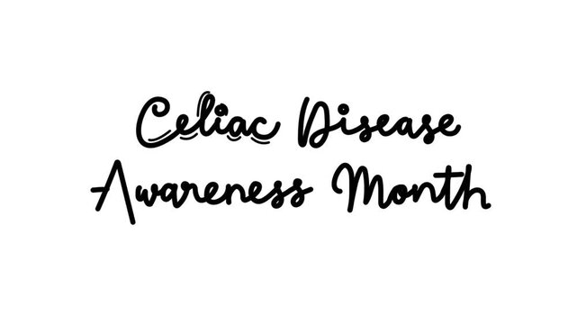 celiac disease awareness month One line continuous animated typography intro outro animation video, hand drawn calligraphy lettering monoline vintage text line art black type on white background bg ba