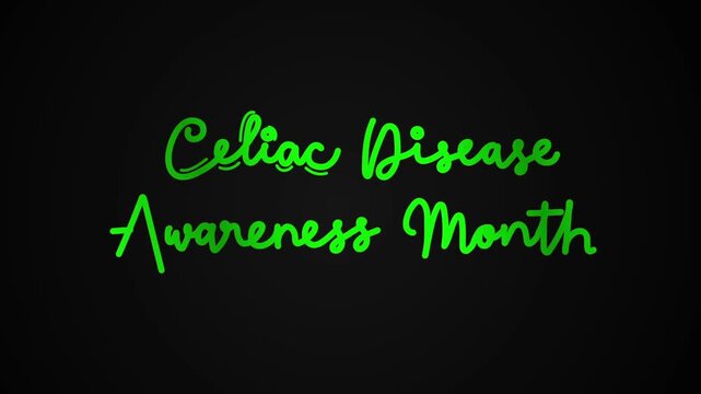 celiac disease awareness month One line continuous animated typography intro outro animation video, hand drawn calligraphy lettering monoline vintage text line art green type on black background bg ba