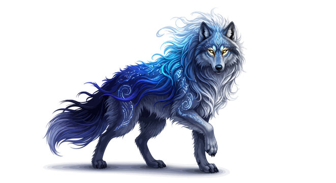 Fantasy wolf with blue and white swirling patterns on fur