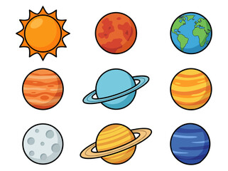 Cute Cartoon Solar System Illustration with Colorful Planets and Sun © Cumi Studio