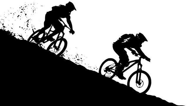 Two mountain bikers racing downhill on a steep dirt trail kicking up dust and spray