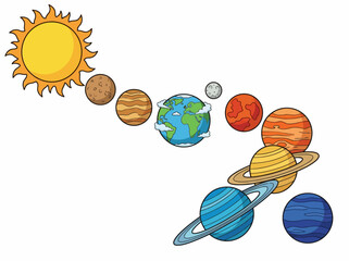 Cute Cartoon Solar System Illustration with Colorful Planets and Sun © Cumi Studio