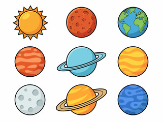 Cute Cartoon Solar System Illustration with Colorful Planets and Sun © Cumi Studio