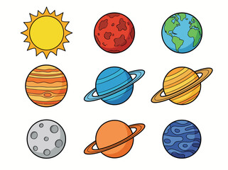 Cute Cartoon Solar System Illustration with Colorful Planets and Sun © Cumi Studio