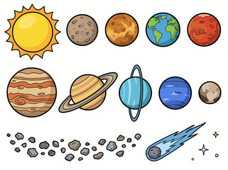 Cute Cartoon Solar System Illustration with Colorful Planets and Sun © Cumi Studio