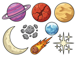 Cute Cartoon Solar System Illustration with Colorful Planets and Sun © Cumi Studio