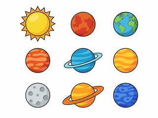 Cute Cartoon Solar System Illustration with Colorful Planets and Sun © Cumi Studio