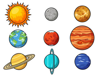 Cute Cartoon Solar System Illustration with Colorful Planets and Sun © Cumi Studio