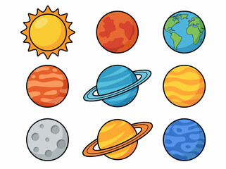 Cute Cartoon Solar System Illustration with Colorful Planets and Sun © Cumi Studio
