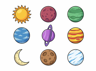 Cute Cartoon Solar System Illustration with Colorful Planets and Sun © Cumi Studio