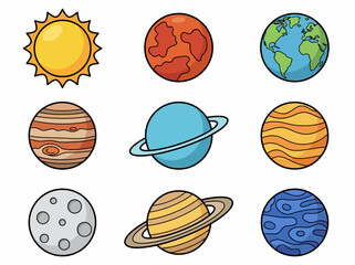 Cute Cartoon Solar System Illustration with Colorful Planets and Sun © Cumi Studio
