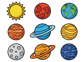 Cute Cartoon Solar System Illustration with Colorful Planets and Sun © Cumi Studio