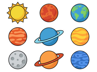 Cute Cartoon Solar System Illustration with Colorful Planets and Sun © Cumi Studio