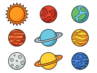 Cute Cartoon Solar System Illustration with Colorful Planets and Sun © Cumi Studio
