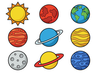 Cute Cartoon Solar System Illustration with Colorful Planets and Sun © Cumi Studio