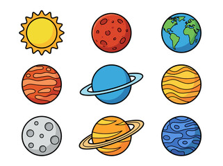 Cute Cartoon Solar System Illustration with Colorful Planets and Sun © Cumi Studio