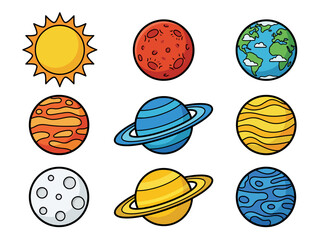 Cute Cartoon Solar System Illustration with Colorful Planets and Sun © Cumi Studio