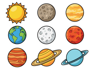 Cute Cartoon Solar System Illustration with Colorful Planets and Sun © Cumi Studio