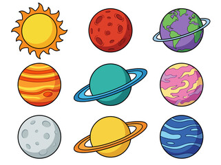 Cute Cartoon Solar System Illustration with Colorful Planets and Sun © Cumi Studio