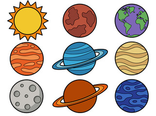 Cute Cartoon Solar System Illustration with Colorful Planets and Sun © Cumi Studio