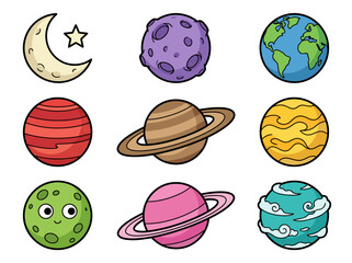 Cute Cartoon Solar System Illustration with Colorful Planets and Sun © Cumi Studio