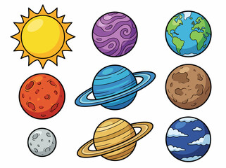 Cute Cartoon Solar System Illustration with Colorful Planets and Sun © Cumi Studio