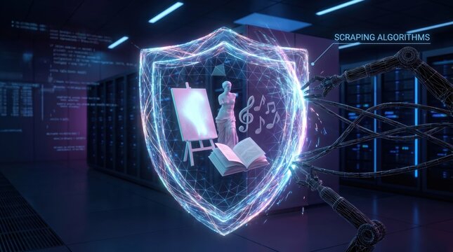 Robotic arms interacting with a glowing digital shield protecting art and music from scraping algorithms