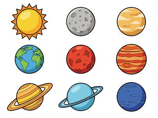Cute Cartoon Solar System Illustration with Colorful Planets and Sun © Cumi Studio