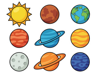 Cute Cartoon Solar System Illustration with Colorful Planets and Sun © Cumi Studio