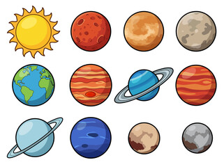 Cute Cartoon Solar System Illustration with Colorful Planets and Sun © Cumi Studio