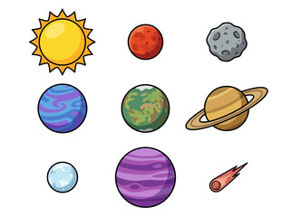 Cute Cartoon Solar System Illustration with Colorful Planets and Sun © Cumi Studio
