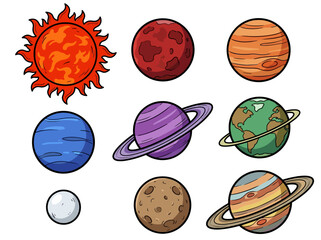 Cute Cartoon Solar System Illustration with Colorful Planets and Sun © Cumi Studio
