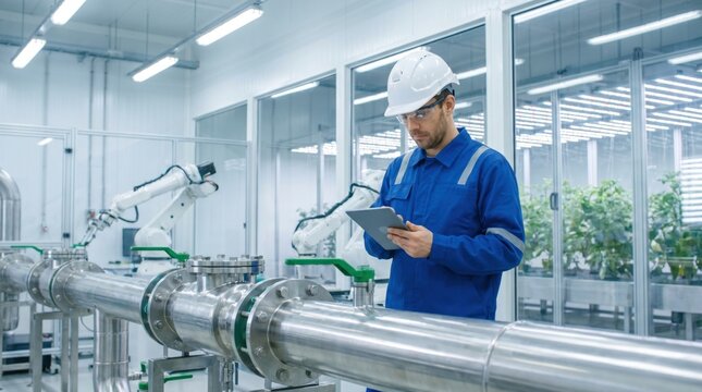Male engineer in uniform and hard hat holding a digital tablet beside industrial pipes and robotic arms