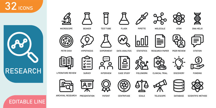 Research science icons set, laboratory experiment study outline line vector