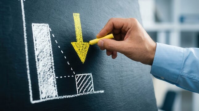 A person using chalk to illustrate cost cutting and efficiency on a dark chalkboard.