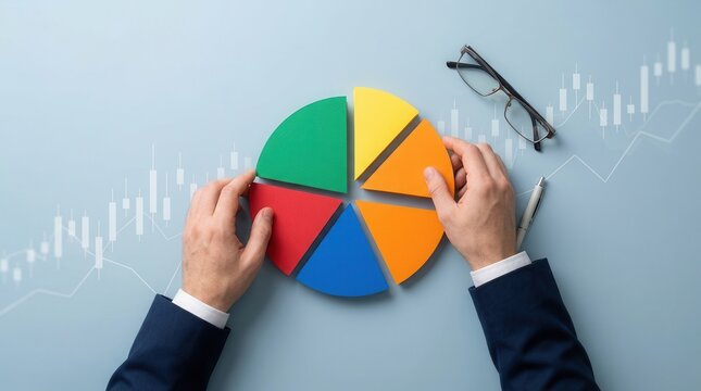 A diversified investment strategy featuring stocks, bonds, and commodities represented by a pie chart.