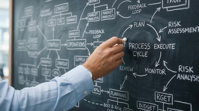 A professional hand using chalk to design workflow diagrams and business process flowcharts.