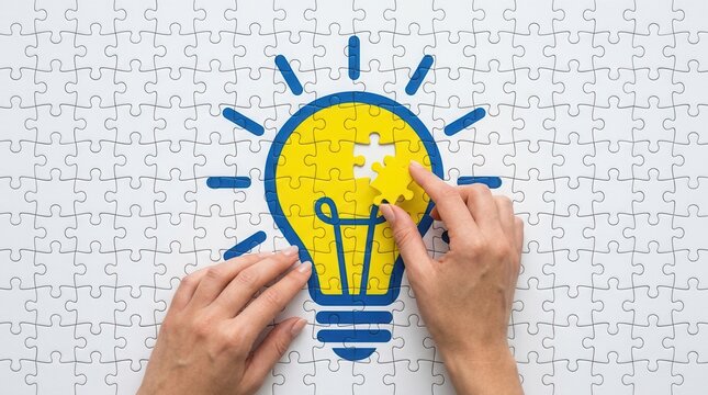 Concept of finding an answer to a problem by solving a lightbulb jigsaw puzzle.