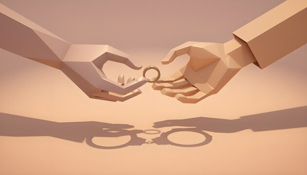 Marriage commitment concept showing engagement ring with handcuffs shadow