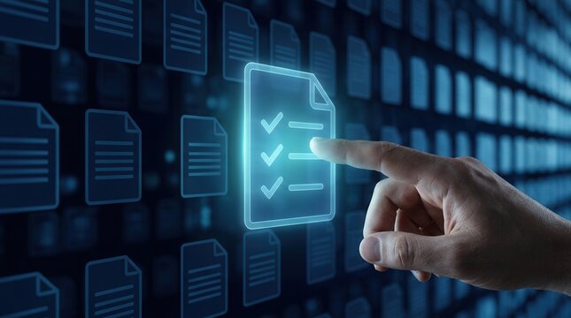 Digital document management and business compliance concept with file icons and checkmarks.