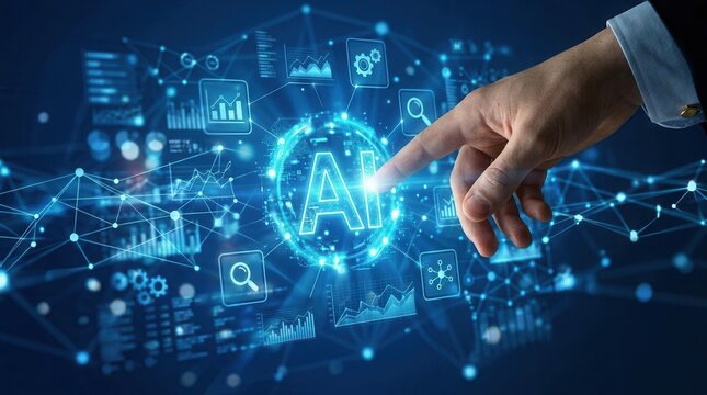 Artificial intelligence and robotic process automation concept featuring a hand interacting with a network of data icons.