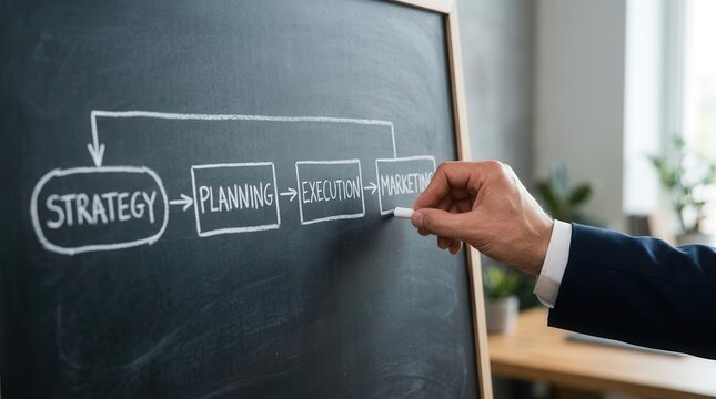 A professional hand using white chalk to create a workflow diagram on a dark chalkboard.